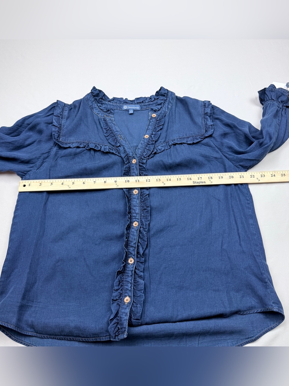 Democracy Navy Ruffle-Trim Button Front Blouse - Picture 4 of 10